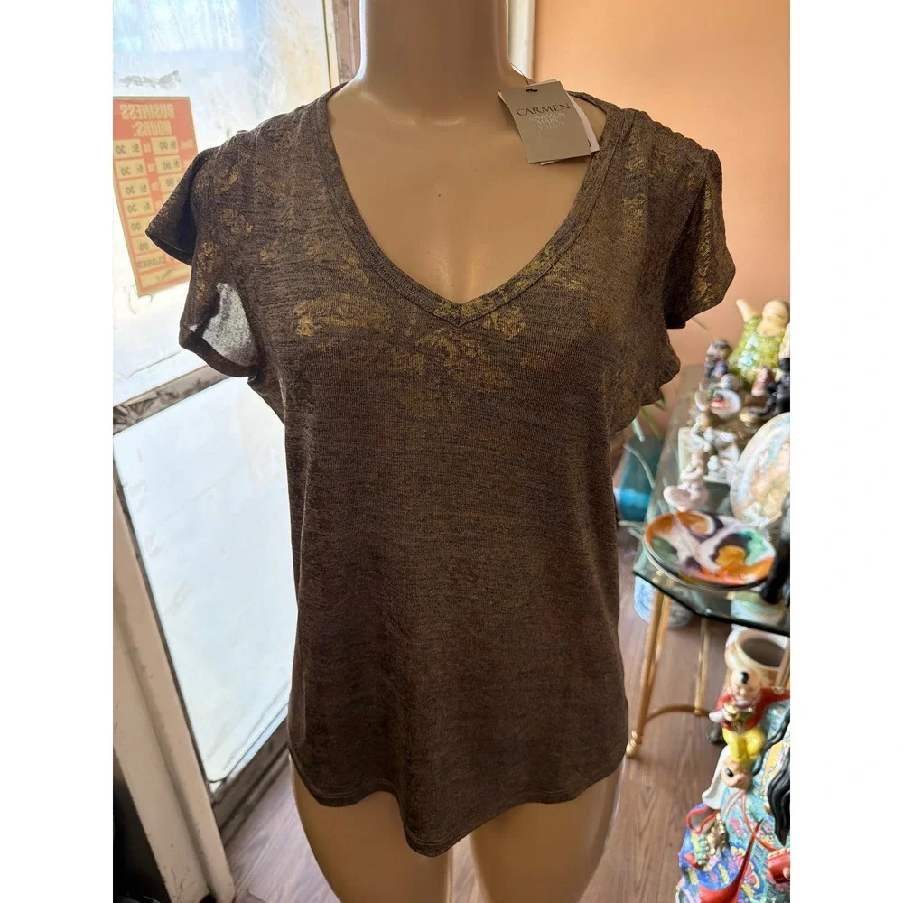 Carmen Marc Valvo Gold Metallic Floral Foil V-Neck Flutter Sleeve Top Grey M NWT - Picture 1 of 7
